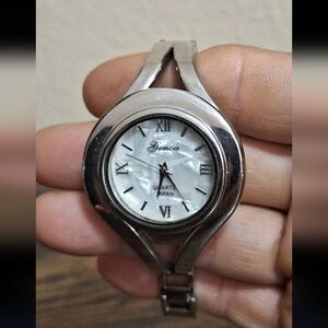 Elegant Vintage 1990s Genoa Mother Of Pearl Silver Tone Quartz Ladies Watch